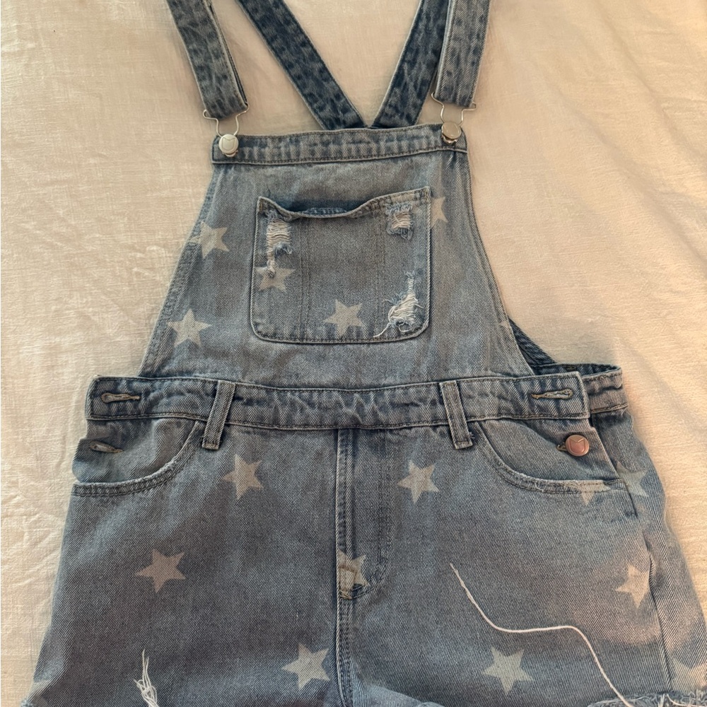Kittenish Blue Denim Star Print Overalls
